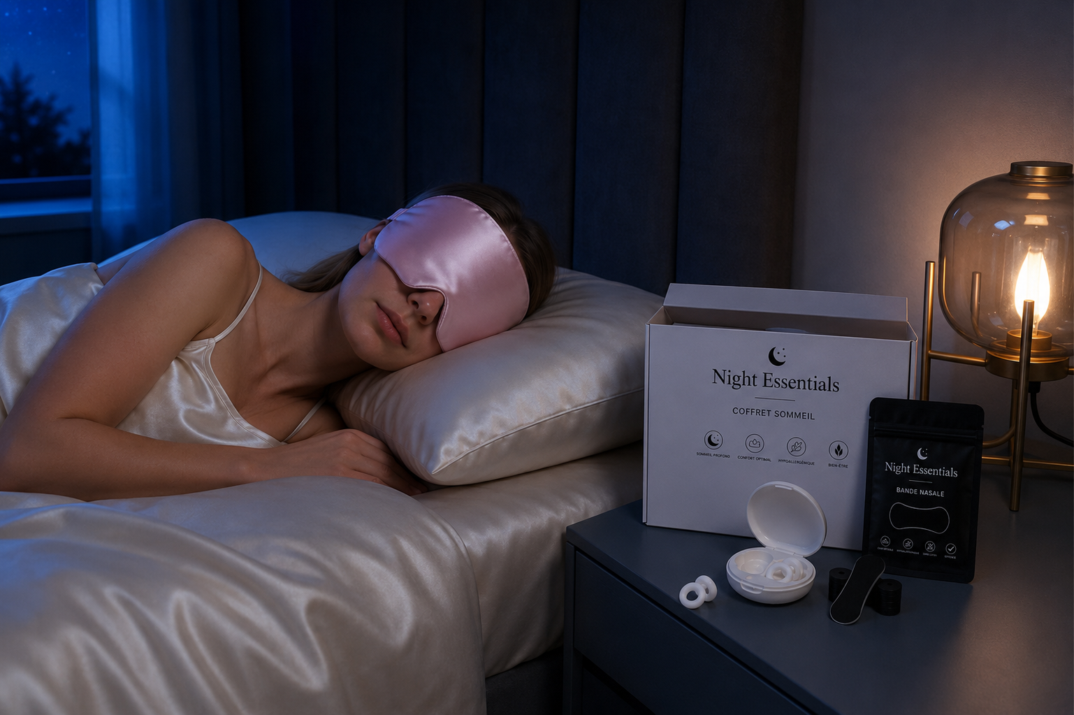 Femme portant le masque en soie de mûrier, coffret Night Essentials posé sur la table de nuit